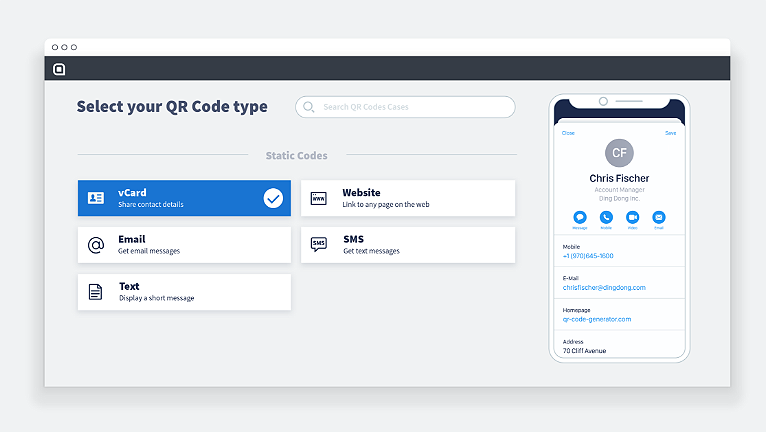 Первый шаг для создания QR-кода для vCard — выбрать в приложении тип «vCard», а затем ввести свои контактные данные
